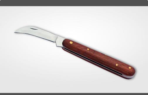 Budding and Grafting Knife with curved blade and polished wooden handle Length: 10.5 cm
